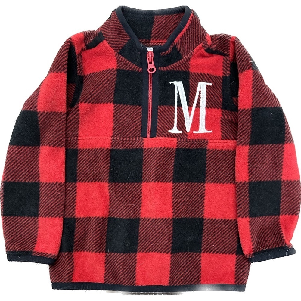 Carters Buffalo Plaid Half Zip Fleece Jacket Red Black Monogram M 24 Months
